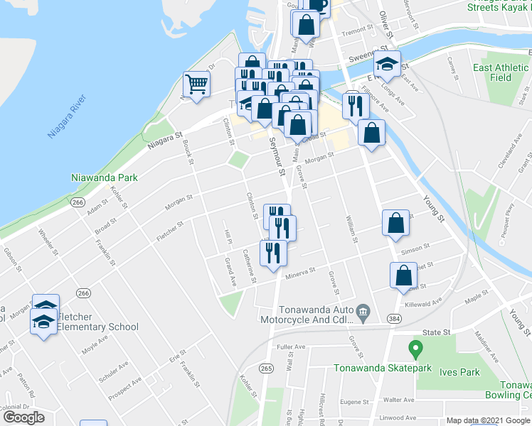 map of restaurants, bars, coffee shops, grocery stores, and more near 34 Johnson Street in Tonawanda