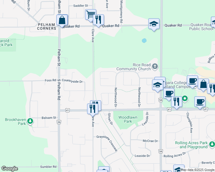 map of restaurants, bars, coffee shops, grocery stores, and more near Briarsdale Crescent in Welland