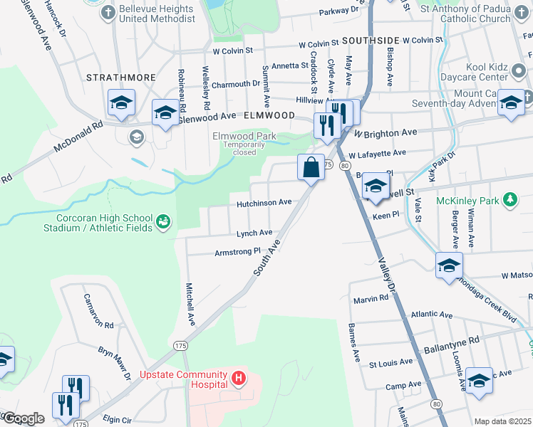 map of restaurants, bars, coffee shops, grocery stores, and more near 308 Edgewood Avenue in Syracuse