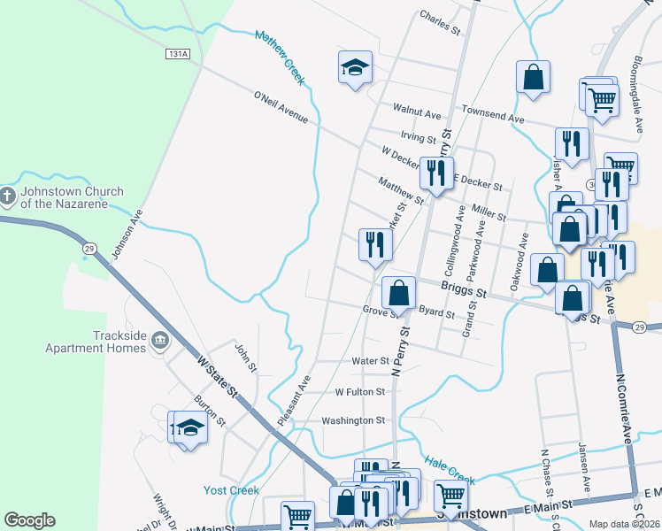 map of restaurants, bars, coffee shops, grocery stores, and more near 113 Pleasant Avenue in Johnstown