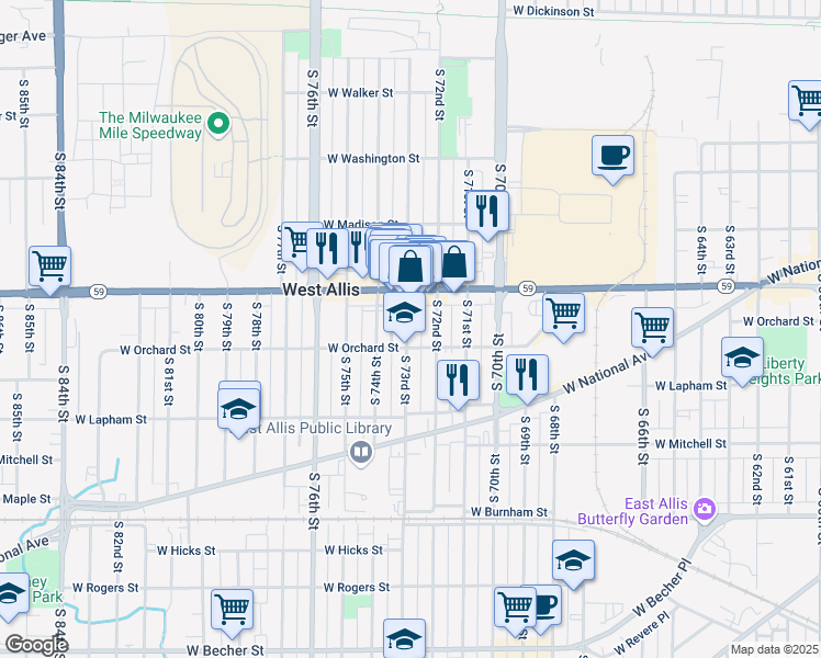 map of restaurants, bars, coffee shops, grocery stores, and more near 1448 South 73rd Street in West Allis