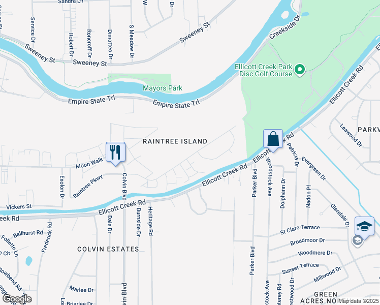 map of restaurants, bars, coffee shops, grocery stores, and more near 166 Paradise Lane in Tonawanda