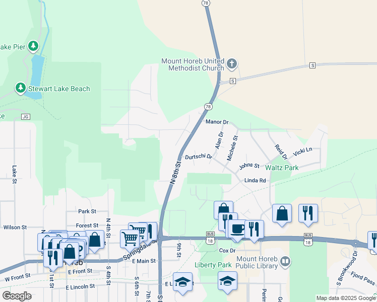 map of restaurants, bars, coffee shops, grocery stores, and more near 104 Waldmar Court in Mount Horeb