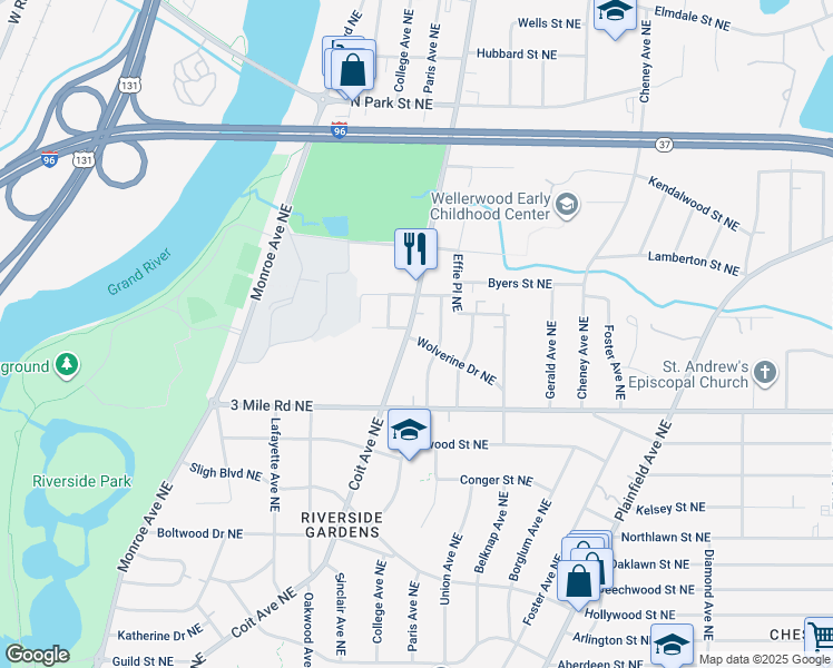 map of restaurants, bars, coffee shops, grocery stores, and more near 2900 Coit Ave NE in Grand Rapids