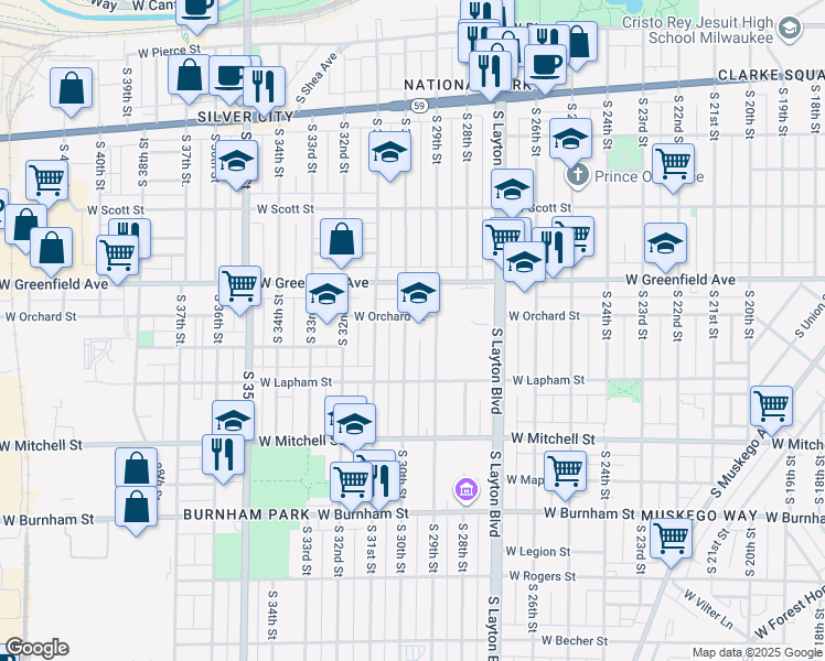 map of restaurants, bars, coffee shops, grocery stores, and more near 1515 South 29th Street in Milwaukee