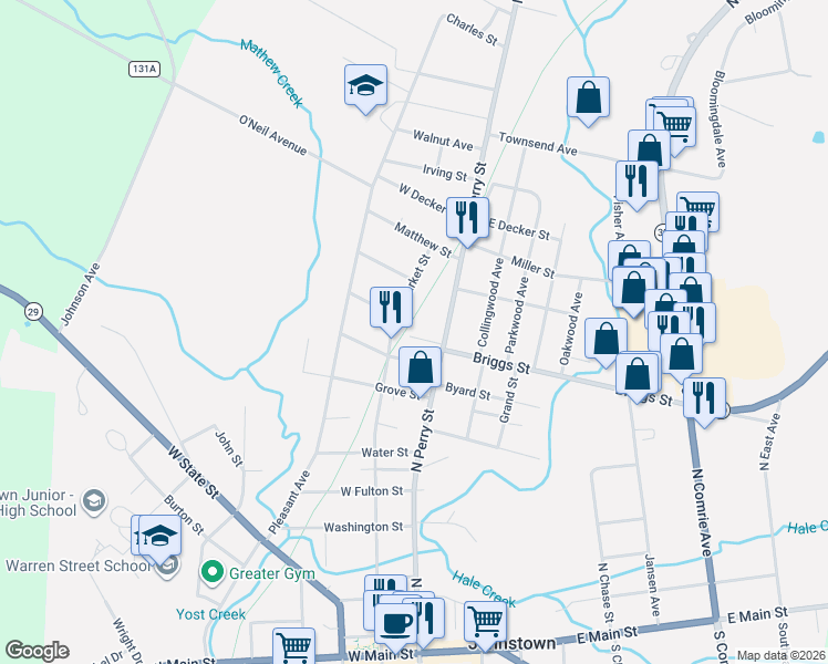 map of restaurants, bars, coffee shops, grocery stores, and more near 9 Baker Street in Johnstown