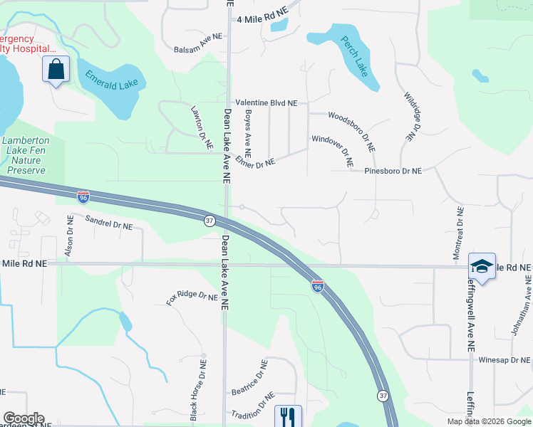 map of restaurants, bars, coffee shops, grocery stores, and more near 2291 Waterford Way Northeast in Grand Rapids