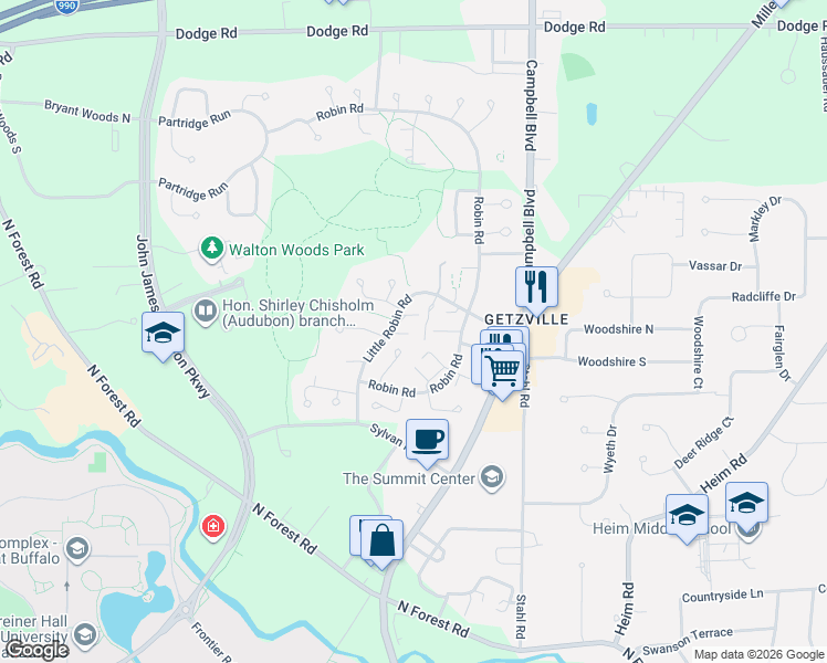 map of restaurants, bars, coffee shops, grocery stores, and more near 170 Little Robin Road in Buffalo