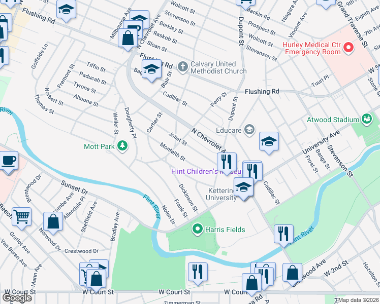 map of restaurants, bars, coffee shops, grocery stores, and more near 2013 Joliet Street in Flint