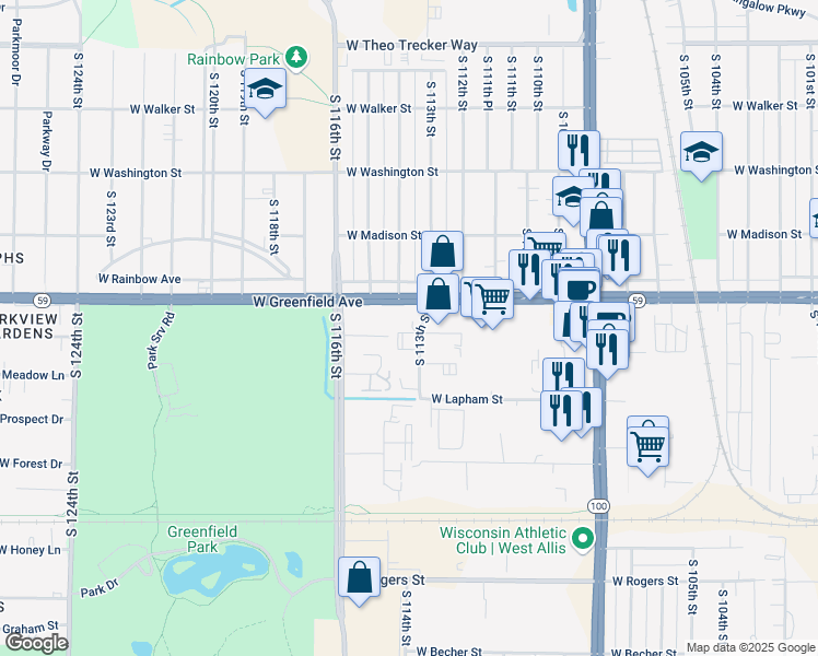 map of restaurants, bars, coffee shops, grocery stores, and more near 1433 South 113th Street in West Allis