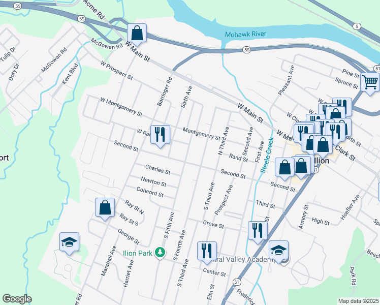 map of restaurants, bars, coffee shops, grocery stores, and more near 18 North Fifth Avenue in Ilion