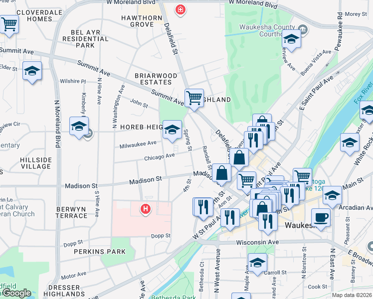 map of restaurants, bars, coffee shops, grocery stores, and more near 200 Spring Street in Waukesha
