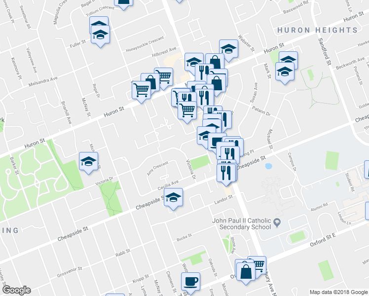 map of restaurants, bars, coffee shops, grocery stores, and more near 1293 Victoria Drive in London