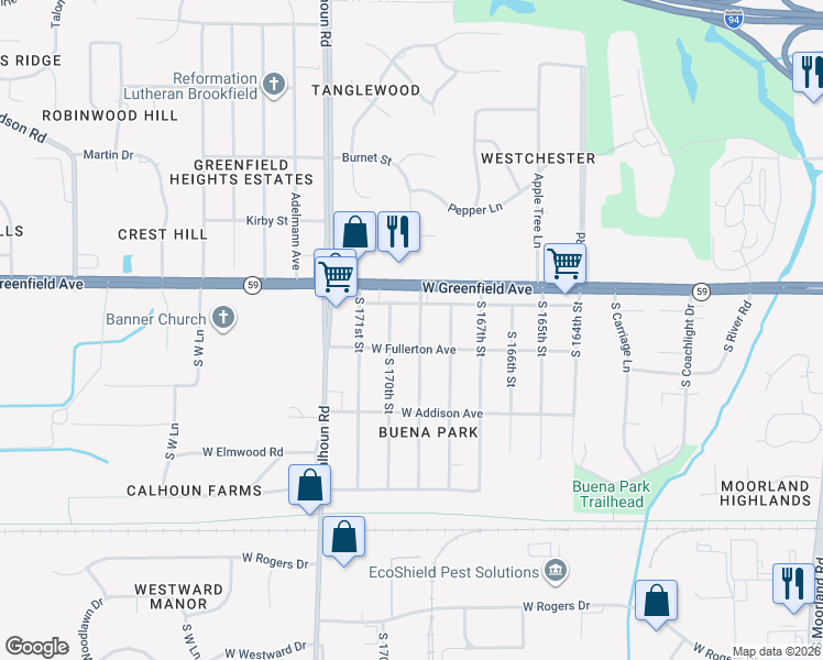 map of restaurants, bars, coffee shops, grocery stores, and more near 1433 South 169th Street in New Berlin