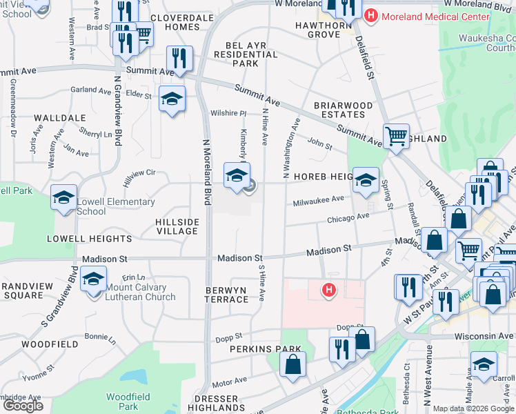 map of restaurants, bars, coffee shops, grocery stores, and more near 224 North Hine Avenue in Waukesha