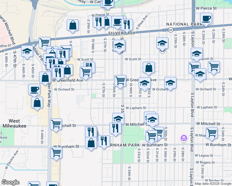 map of restaurants, bars, coffee shops, grocery stores, and more near 1514 South 36th Street in Milwaukee