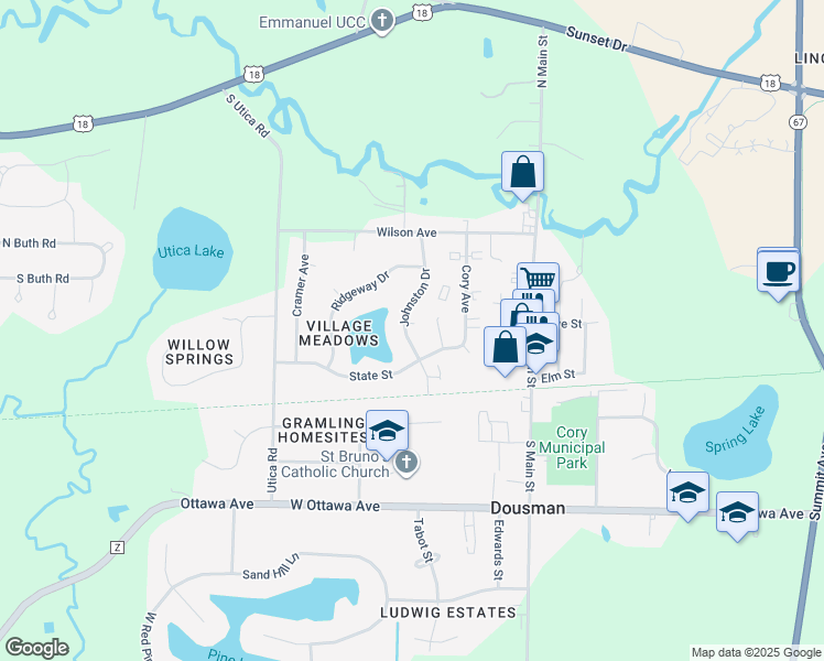 map of restaurants, bars, coffee shops, grocery stores, and more near 180 Johnston Drive in Dousman