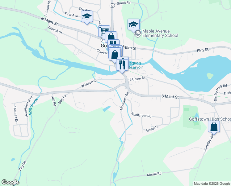 map of restaurants, bars, coffee shops, grocery stores, and more near 17 Pleasant Street in Goffstown