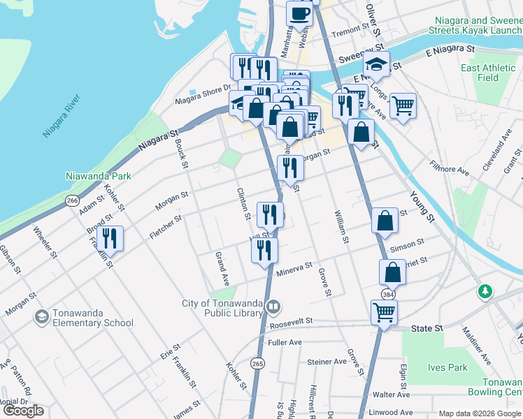 map of restaurants, bars, coffee shops, grocery stores, and more near 34 Johnson Street in Tonawanda