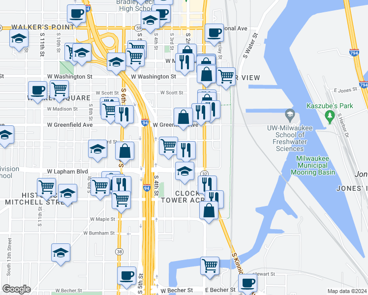 map of restaurants, bars, coffee shops, grocery stores, and more near 1522 South 3rd Street in Milwaukee