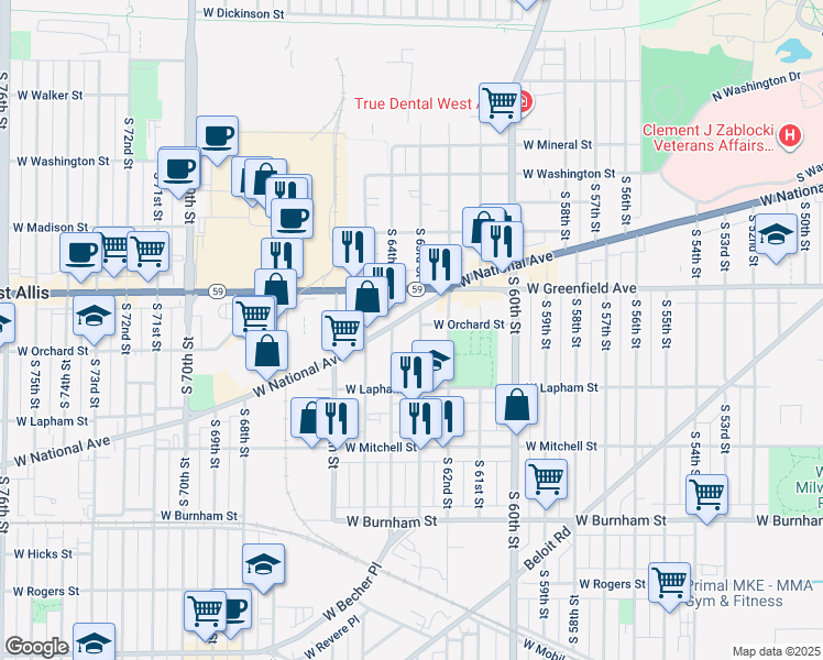 map of restaurants, bars, coffee shops, grocery stores, and more near 1507 South 63rd Street in West Allis