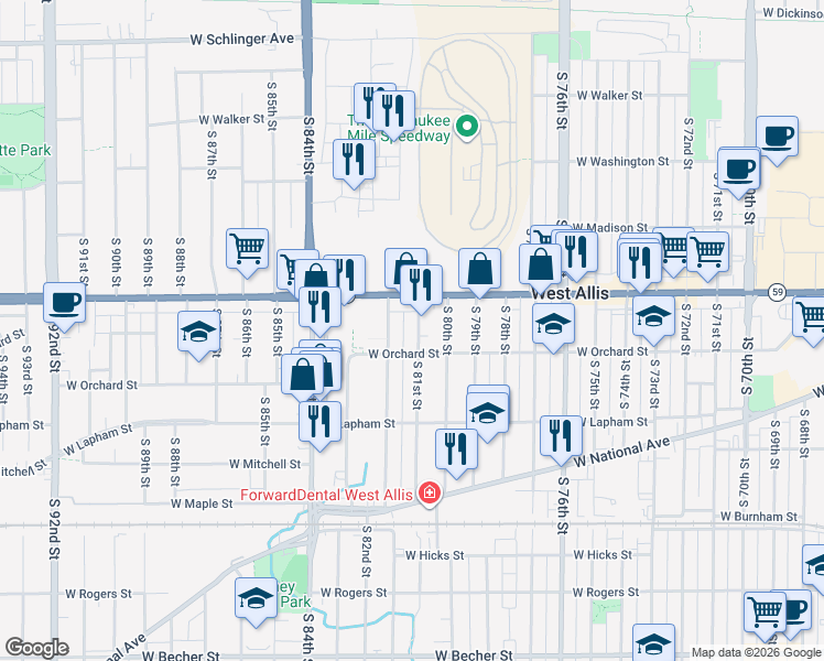 map of restaurants, bars, coffee shops, grocery stores, and more near 1446 South 81st Street in West Allis