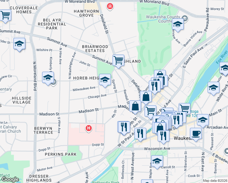 map of restaurants, bars, coffee shops, grocery stores, and more near 200 Spring Street in Waukesha