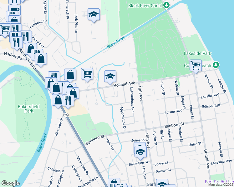 map of restaurants, bars, coffee shops, grocery stores, and more near 1529 Continental Court in Port Huron
