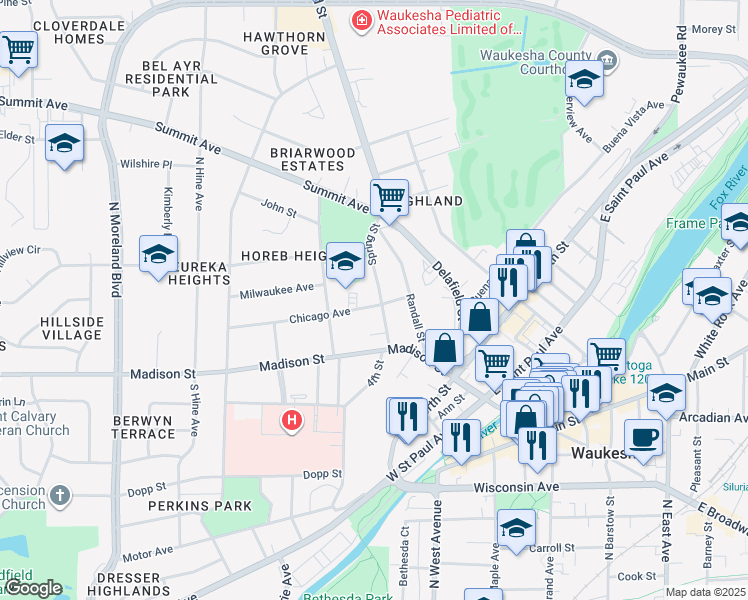 map of restaurants, bars, coffee shops, grocery stores, and more near 200 Spring Street in Waukesha