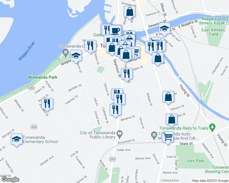 map of restaurants, bars, coffee shops, grocery stores, and more near 26 Johnson Street in Tonawanda