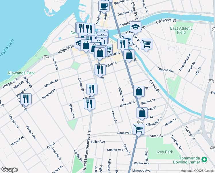 map of restaurants, bars, coffee shops, grocery stores, and more near 75 Grove Street in Tonawanda