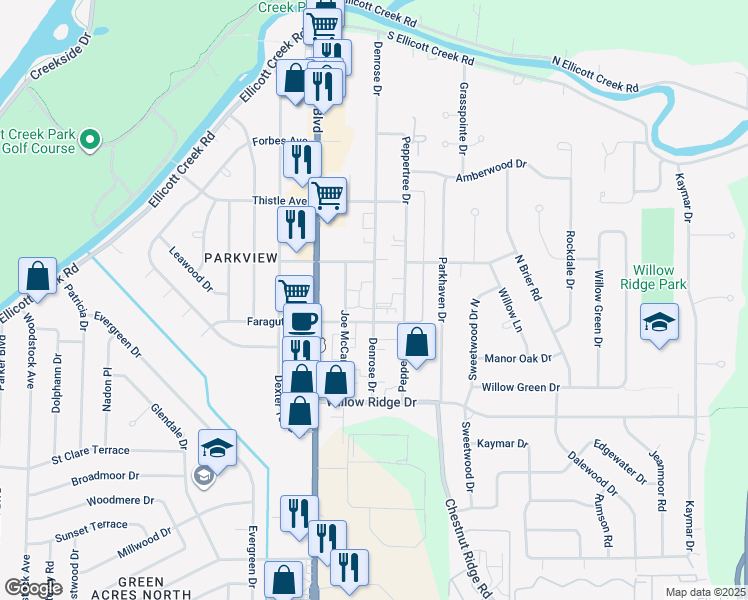 map of restaurants, bars, coffee shops, grocery stores, and more near 111 Denrose Drive in Buffalo