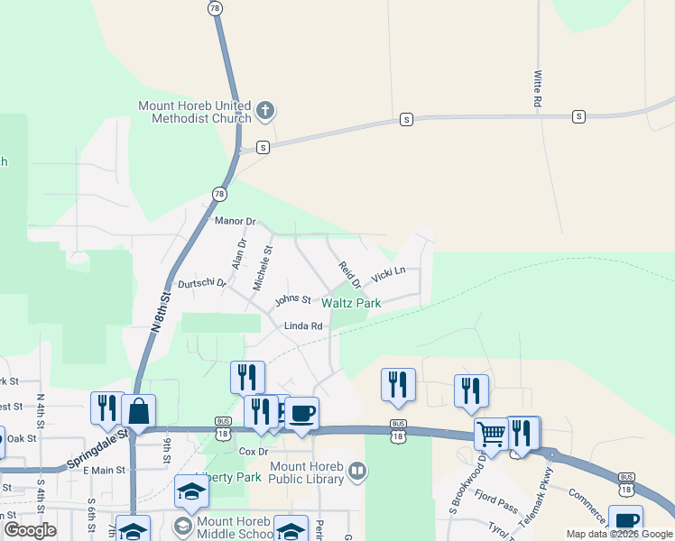 map of restaurants, bars, coffee shops, grocery stores, and more near 503 Brian Street in Mount Horeb