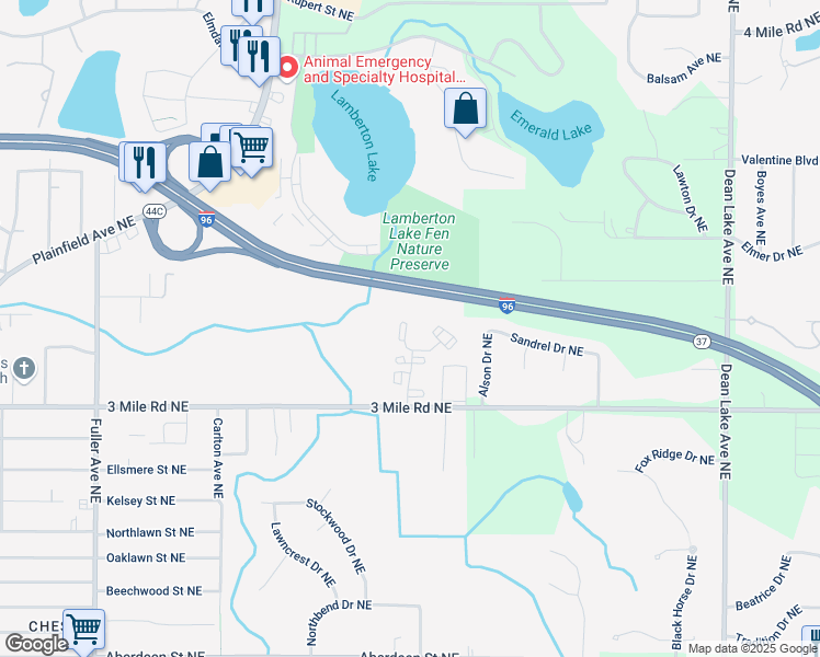 map of restaurants, bars, coffee shops, grocery stores, and more near 2869 Central Park Way Northeast in Grand Rapids