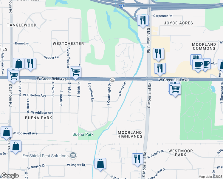 map of restaurants, bars, coffee shops, grocery stores, and more near 1450 South Coachlight Drive in New Berlin