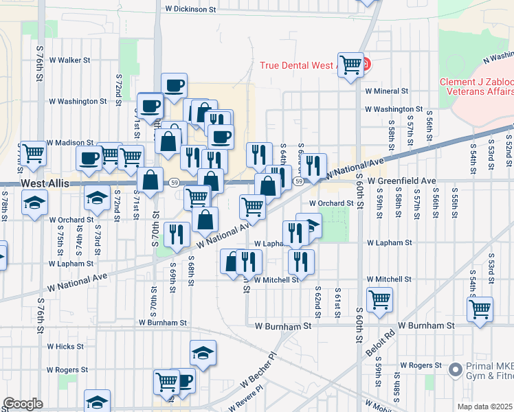 map of restaurants, bars, coffee shops, grocery stores, and more near 6516 West National Avenue in West Allis