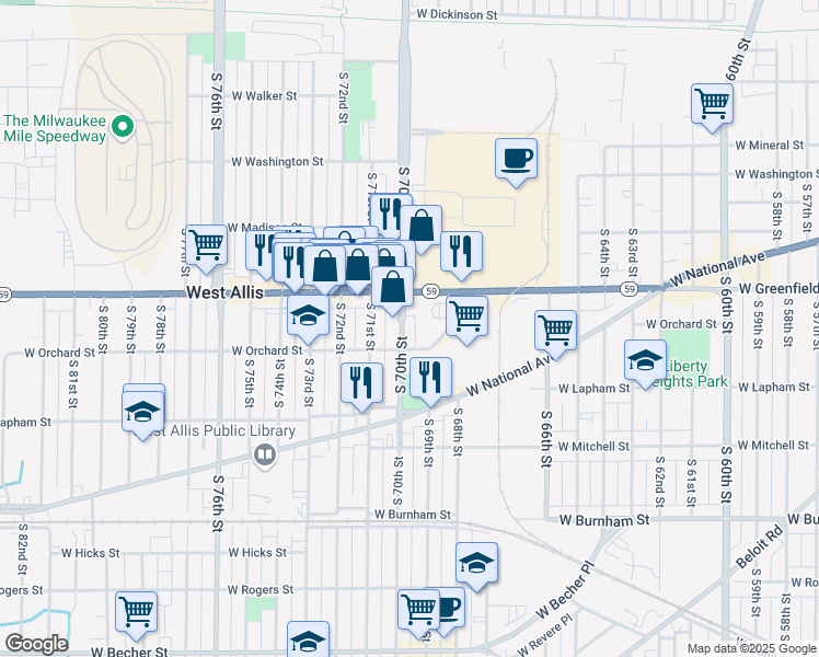 map of restaurants, bars, coffee shops, grocery stores, and more near 1455 South 70th Street in West Allis