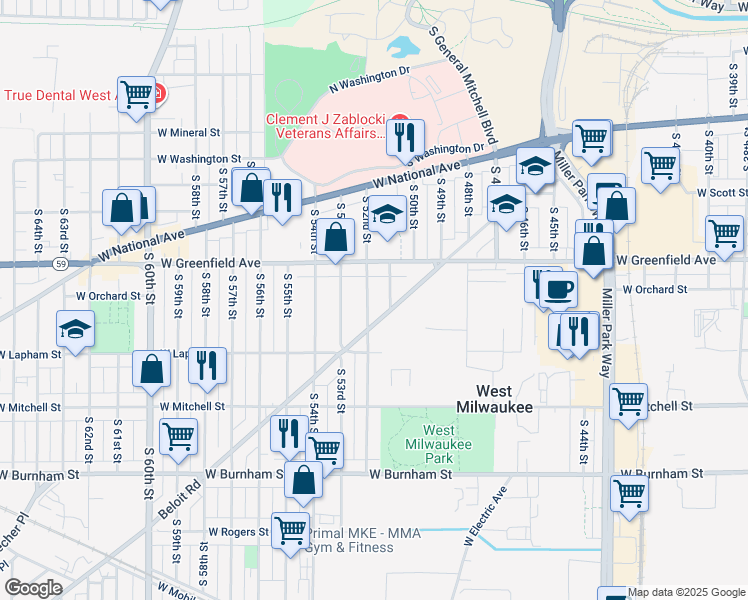 map of restaurants, bars, coffee shops, grocery stores, and more near 1452 South 52nd Street in West Milwaukee
