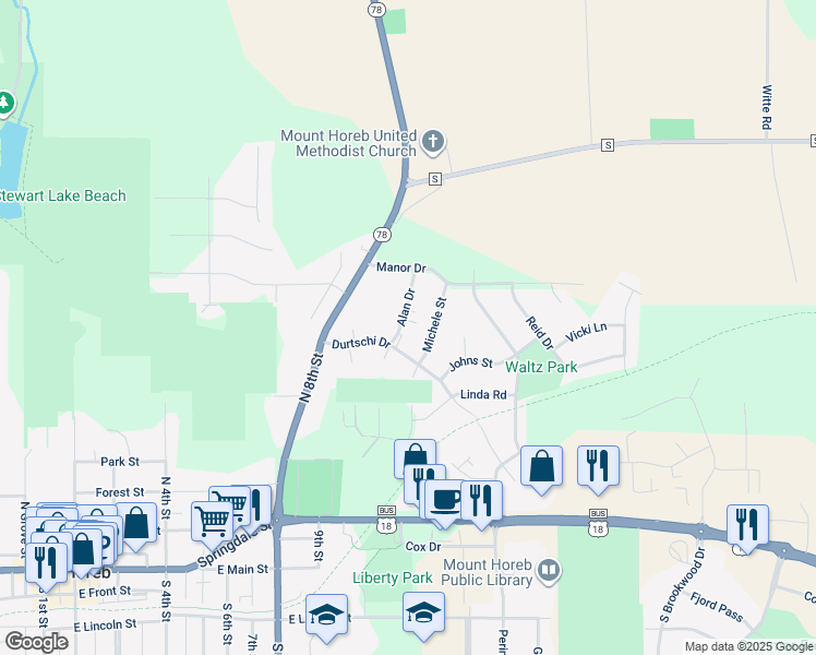 map of restaurants, bars, coffee shops, grocery stores, and more near 505 Alan Drive in Mount Horeb