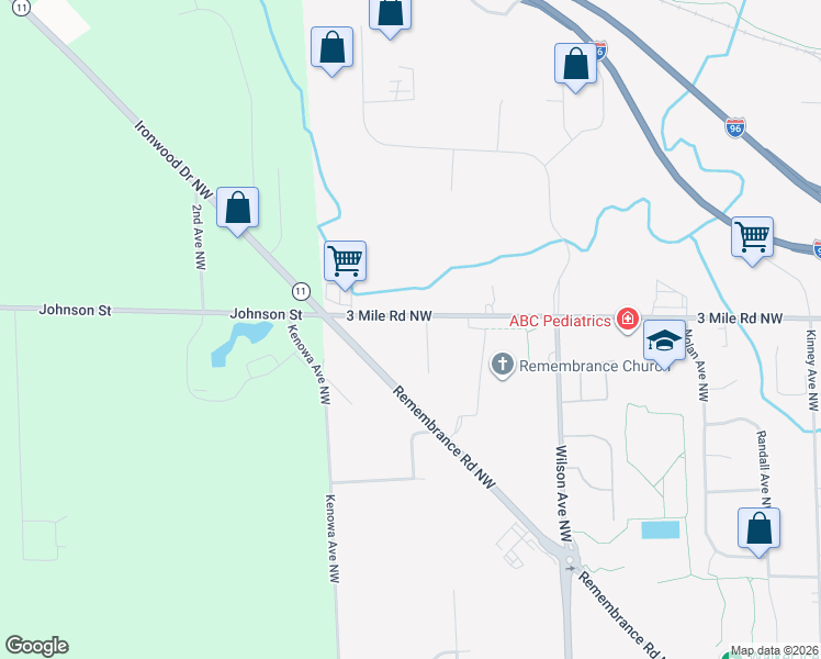 map of restaurants, bars, coffee shops, grocery stores, and more near 4626 3 Mile Road Northwest in Grand Rapids