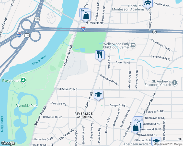 map of restaurants, bars, coffee shops, grocery stores, and more near 464 Doris Street Northeast in Grand Rapids