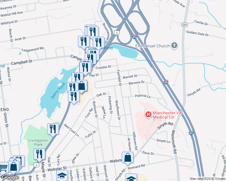 map of restaurants, bars, coffee shops, grocery stores, and more near 527 Pickering Street in Manchester
