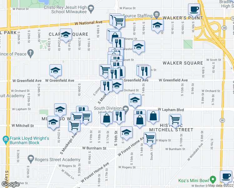 map of restaurants, bars, coffee shops, grocery stores, and more near S Cesar E Chavez Dr & S Pearl St in Milwaukee