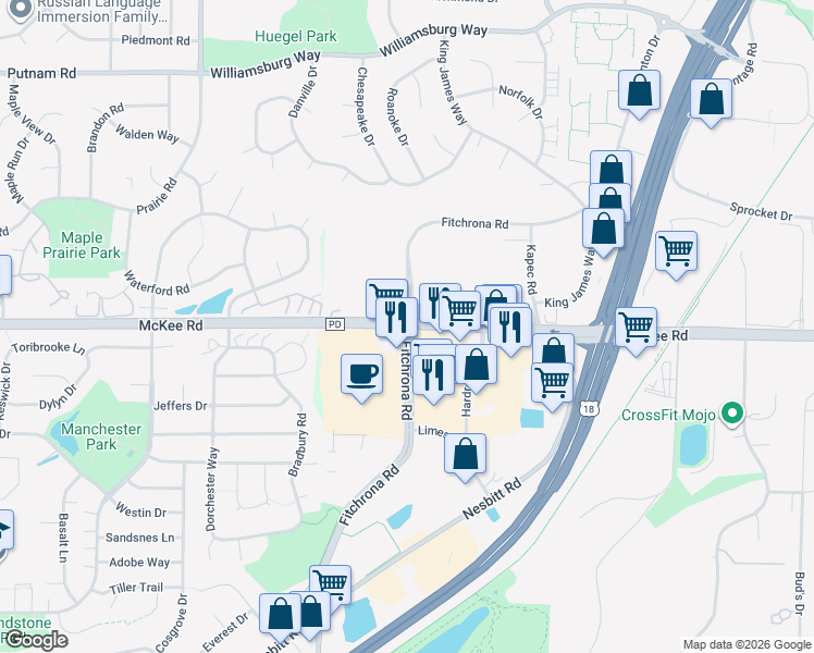 map of restaurants, bars, coffee shops, grocery stores, and more near 6313 McKee Road in Fitchburg