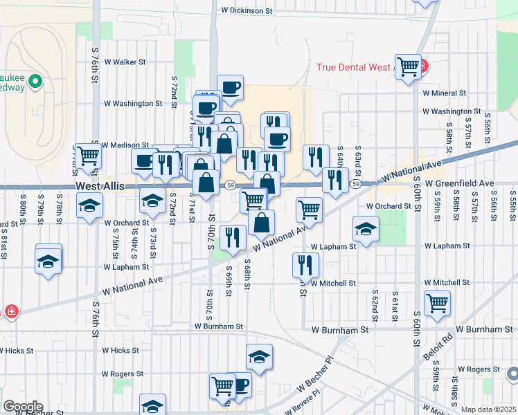 map of restaurants, bars, coffee shops, grocery stores, and more near 6765 West Greenfield Avenue in West Allis