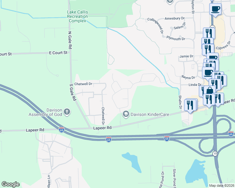 map of restaurants, bars, coffee shops, grocery stores, and more near 9183 Nicole Lane in Davison