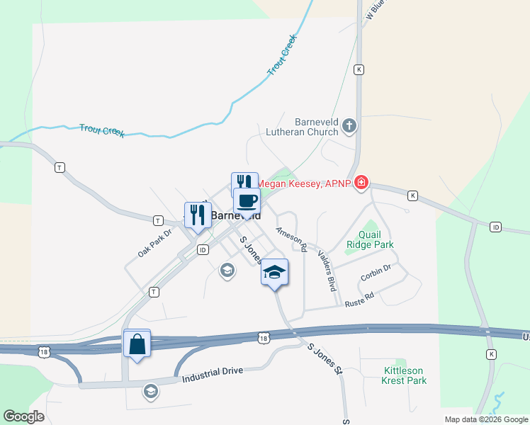 map of restaurants, bars, coffee shops, grocery stores, and more near 102 Arneson Road in Barneveld