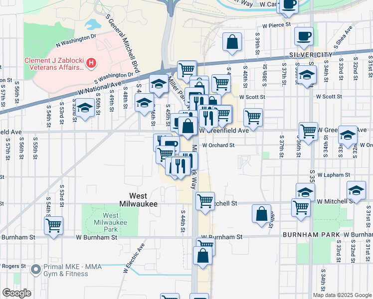 map of restaurants, bars, coffee shops, grocery stores, and more near 1441 Miller Park Way in West Milwaukee
