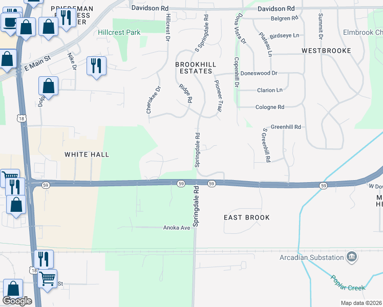 map of restaurants, bars, coffee shops, grocery stores, and more near W220S1517 South Springdale Road in Waukesha