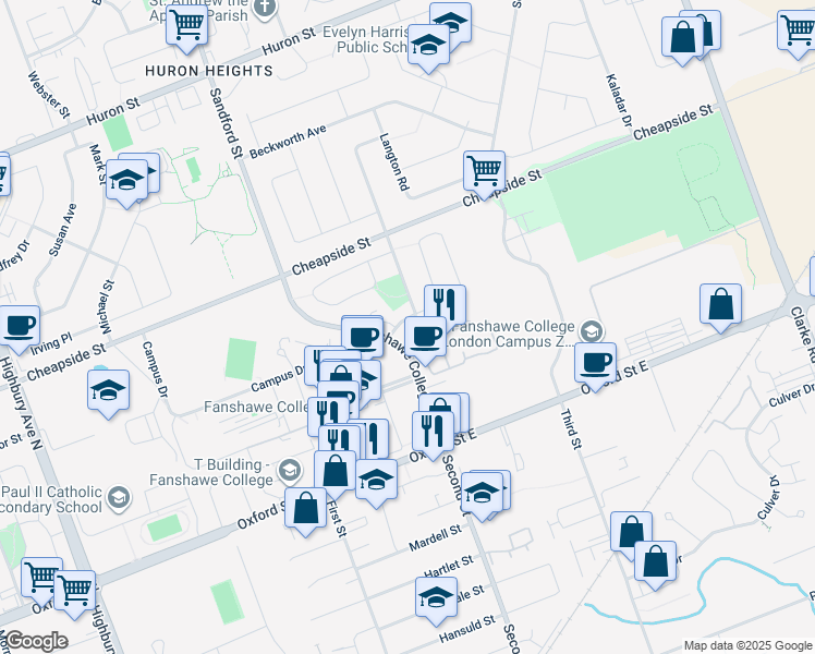 map of restaurants, bars, coffee shops, grocery stores, and more near 1019 Prosperity Court in London